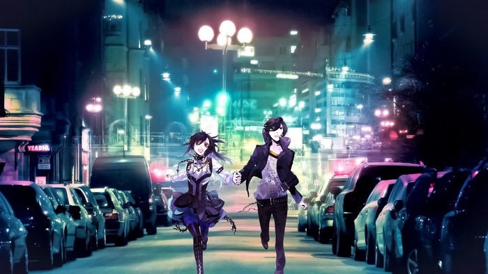 Anime couple running down a city street at night