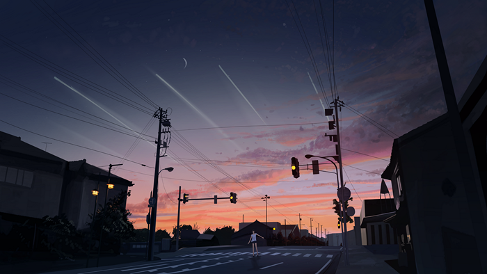 Anime street scene at sunset with shooting stars