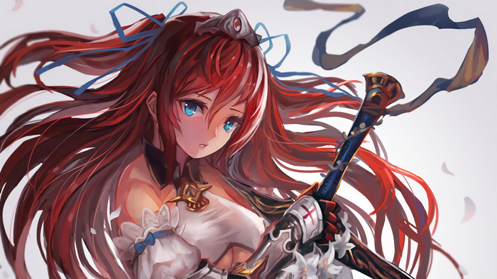 Anime girl with red hair and blue eyes holding a sword