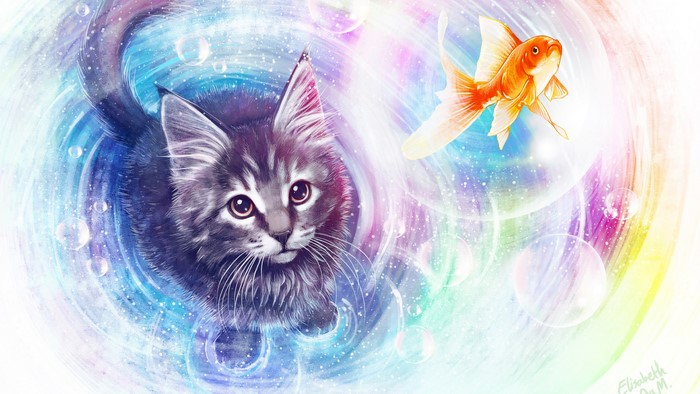 Cat looking at a goldfish in a colorful swirl