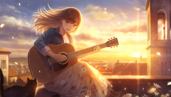Girl Playing Guitar at Sunset with Cat Nearby