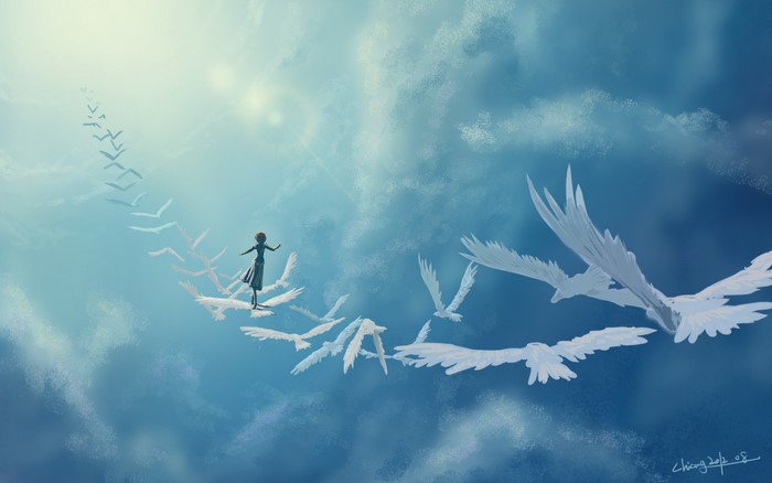Girl walking on birds in the sky
