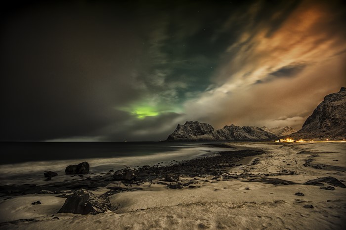 Aurora Borealis over Lofoten Islands Beach, Norway