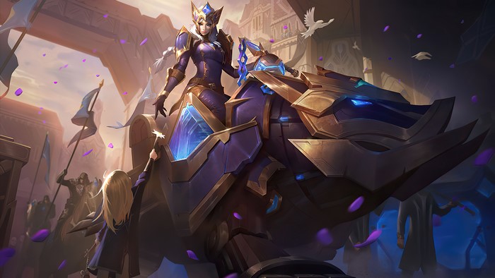 Camille from League of Legends riding a mechanical beast