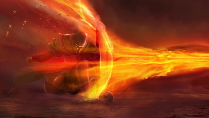 Knight wielding a fiery sword and shield