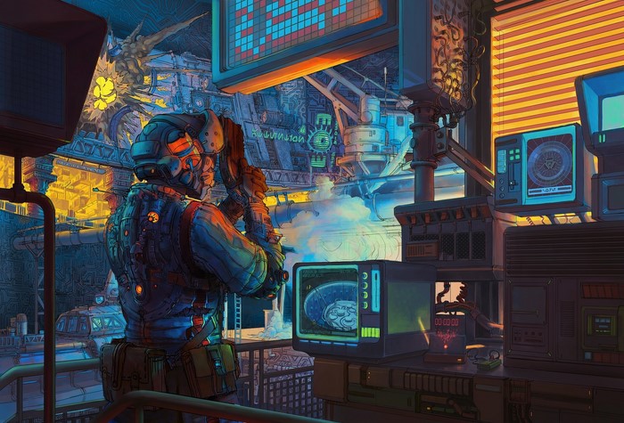 Cyberpunk warrior with weapon in futuristic control room