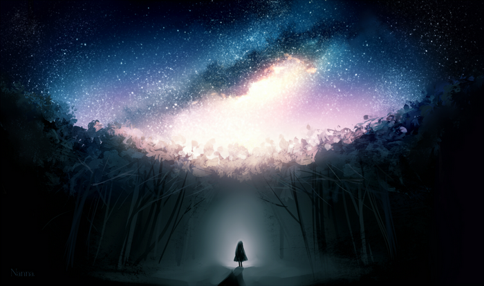 Girl walking through a forest under a starry sky