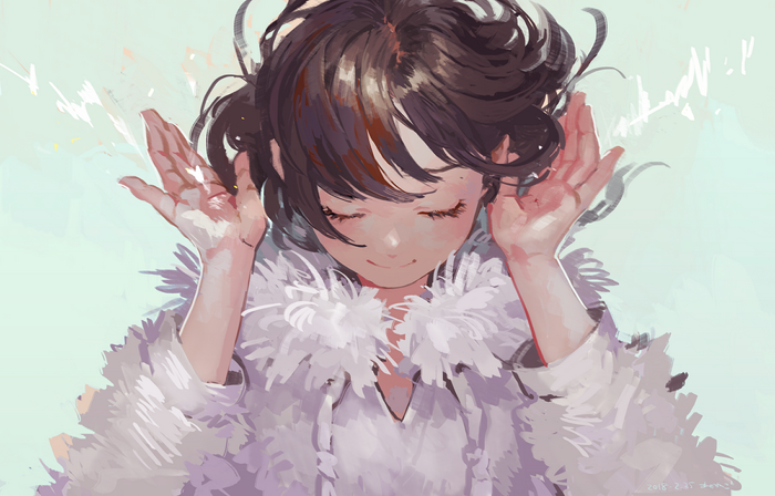Girl with fluffy collar and hands near face
