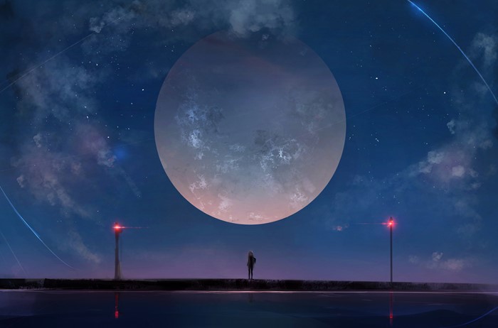 Girl standing on a pier under a large moon