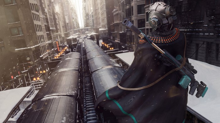 Sci Fi Warrior with Sniper Rifle on Train Platform