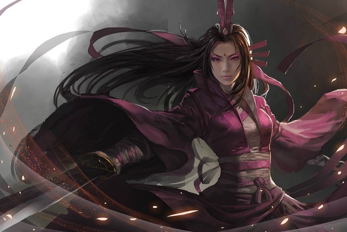 Fierce Asian Woman Warrior in Flowing Purple Robes
