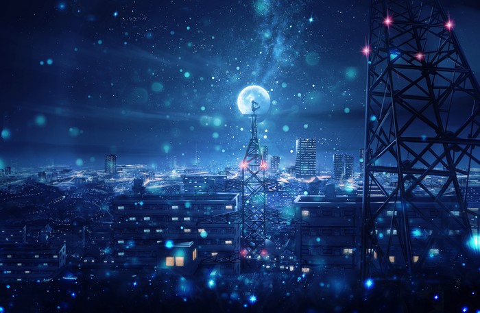 Girl on Tokyo Tower under the Moon and Stars