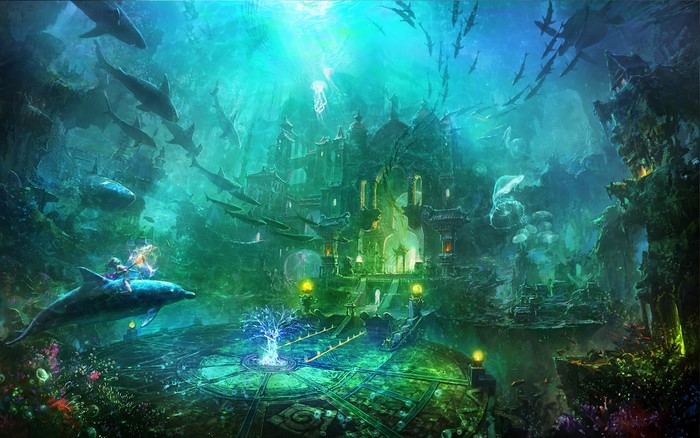 Underwater Atlantis with Marine Life and Ancient Temple
