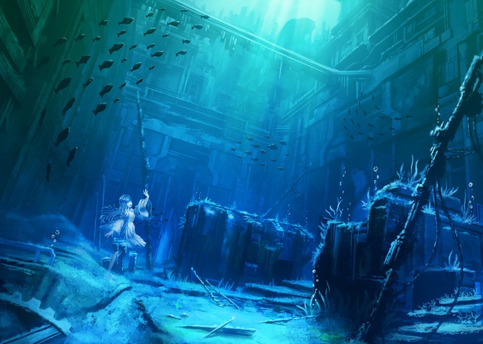 Girl in underwater ruins with fish