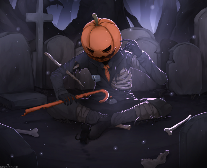 Pumpkinhead Skeleton in a Graveyard