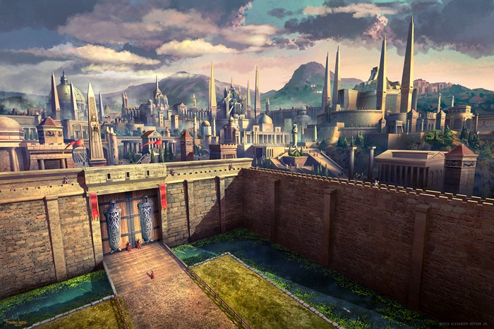 Ancient city with grand gate and towering spires