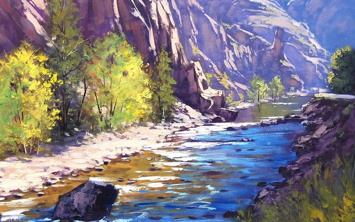 Oil painting of a river flowing through a canyon with trees