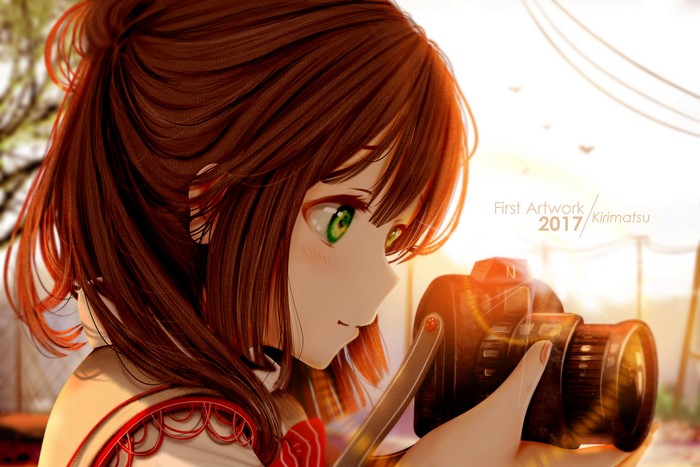Anime girl with camera at sunset