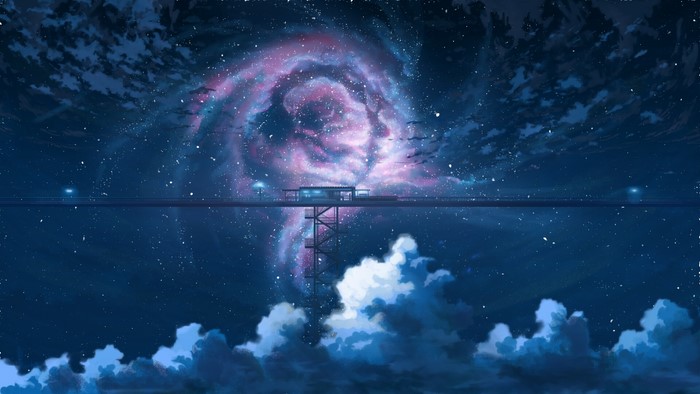 Anime train station under a galaxy