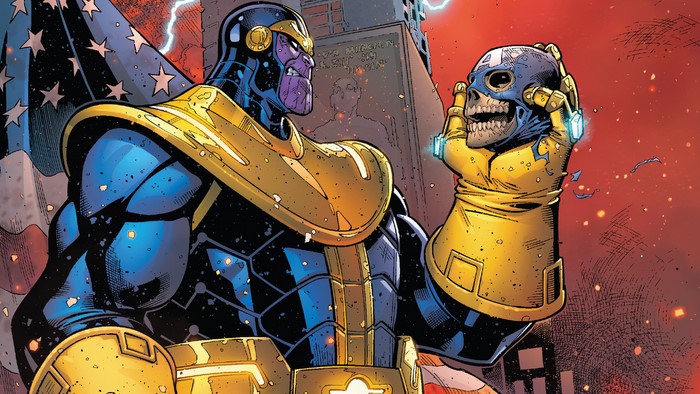 Thanos holding Captain America's skull from Marvel Comics