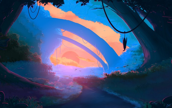 Surreal alien landscape with glowing flora and a river