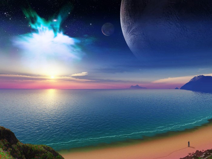 Fantasy Beach with Ocean, Planets, and Nebula