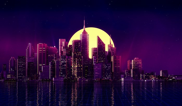 Retro Wave Cityscape at Night with Large Moon