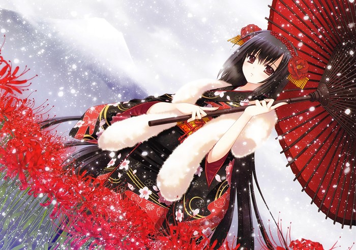 Anime girl in kimono with umbrella and flowers
