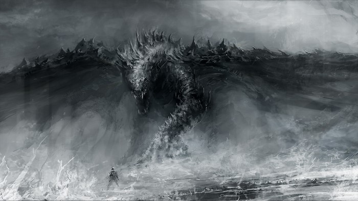 Dragon emerging from stormy waves with a lone warrior