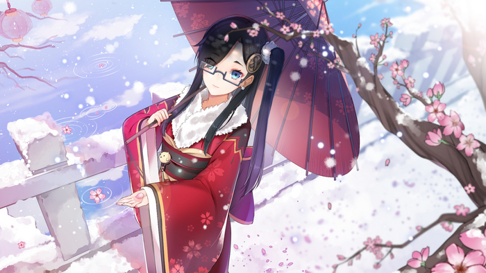 Girl in Kimono with Umbrella in Winter Snow