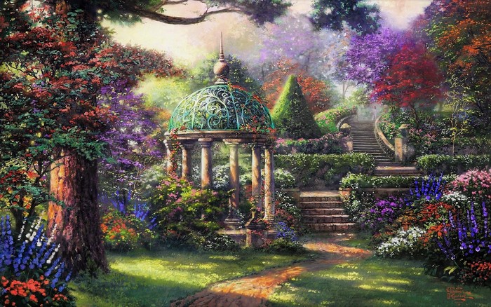 Artistic painting of a colorful garden with a gazebo