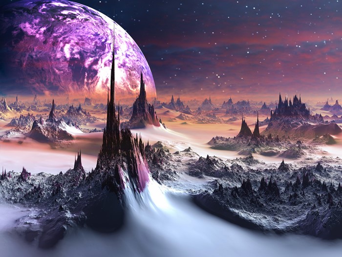 Purple planet over alien landscape