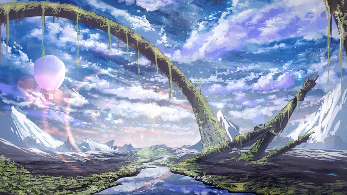 Hot Air Balloon Over a Reflecting River Landscape