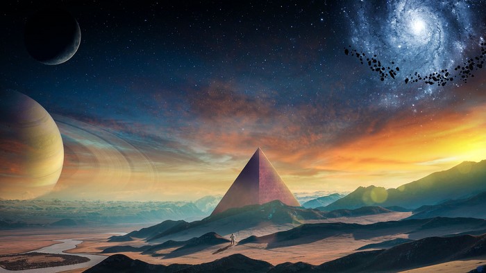 Astronaut in a Sci-Fi Landscape with Planets and Galaxy