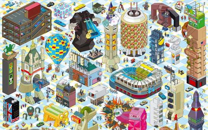 Eboy isometric cityscape with buildings and vehicles