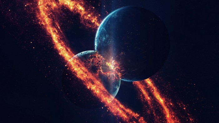 Fiery Collision Between Two Planets in Space