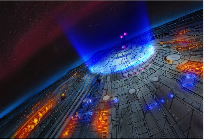 Sci-Fi spaceship with blue and orange lights in space