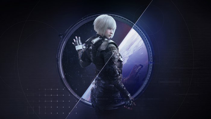 Woman in futuristic armor looking out a window