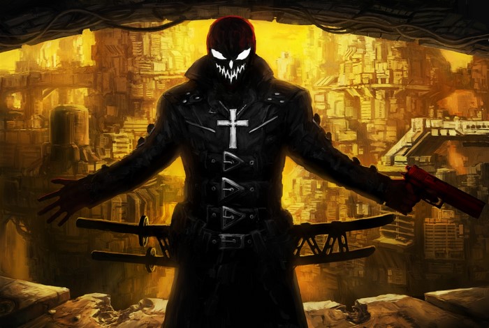 Man with mask, swords, and gun in city