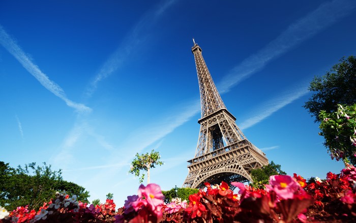 Eiffel Tower with Flowers and Blue Sky