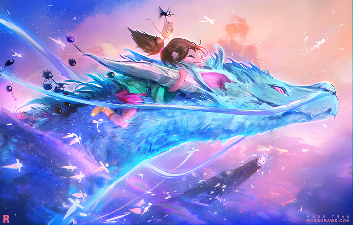 Chihiro and Haku flying on a dragon from Spirited Away