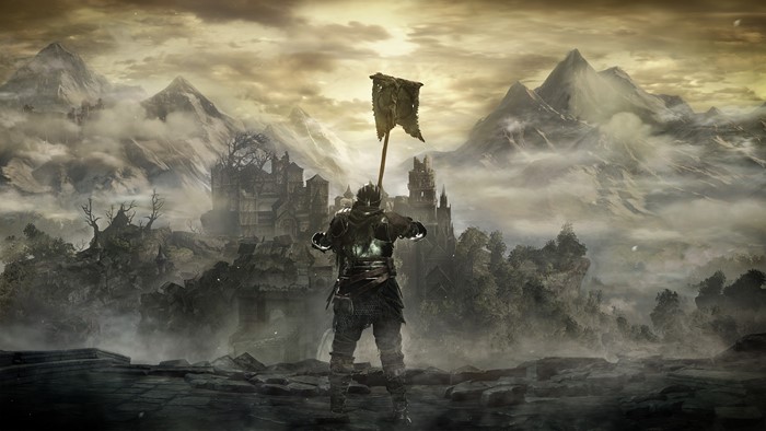Knight with Flag in Dark Souls III Landscape