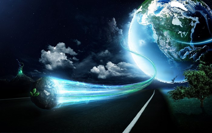 Fantasy Earth planet on a road with light trails