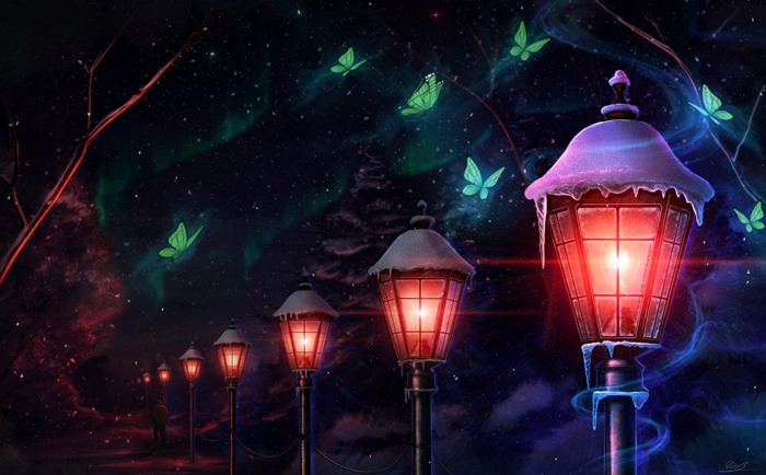 Snowy night with glowing lamps and butterflies