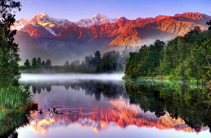 Sunlit Southern Alps Reflecting on Lake Matheson