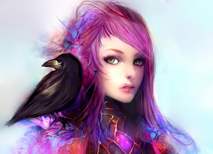 Fantasy girl with purple hair and raven