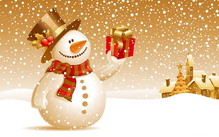 Snowman holding a gift with Christmas village