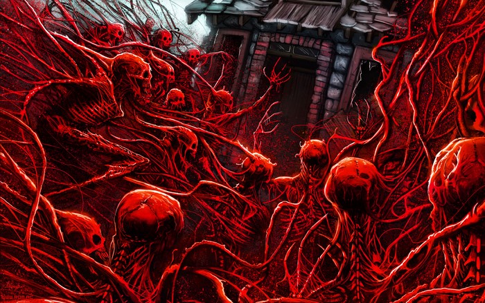 Horror scene with demonic creatures and a house