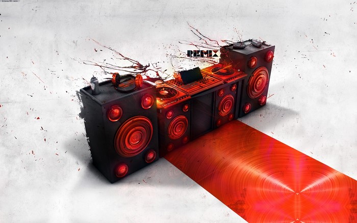 DJ Remix setup with speakers and turntables