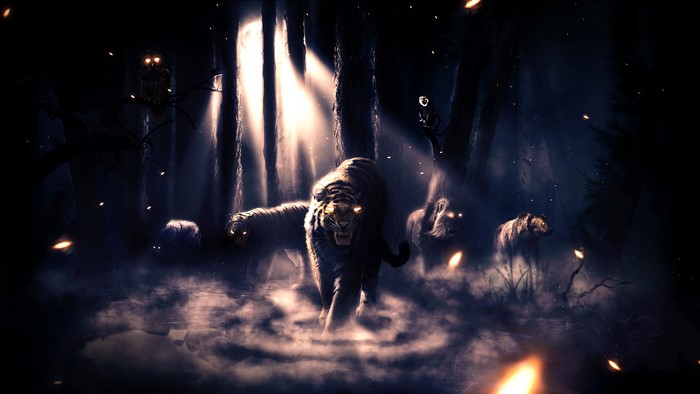 Tigers and bears in a dark forest at night